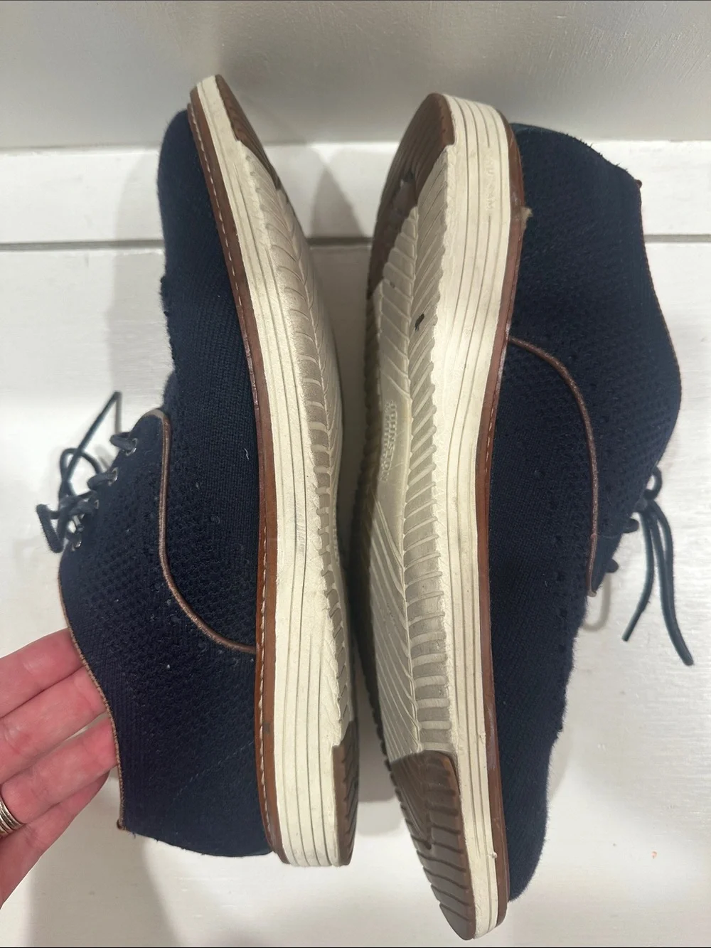 Johnston & Murphy Navy Knit Derby with Brown Leather Trim